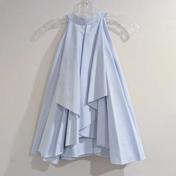 CAROLINE CONSTAS Like New Adrie Striped Ruffle Blouse L Blue White Sleeveless - Picture 7 of 14